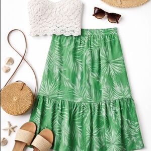 Mlle Gabrielle Green Tropical Palm Print Midi Skirt | Vacation Summer | L